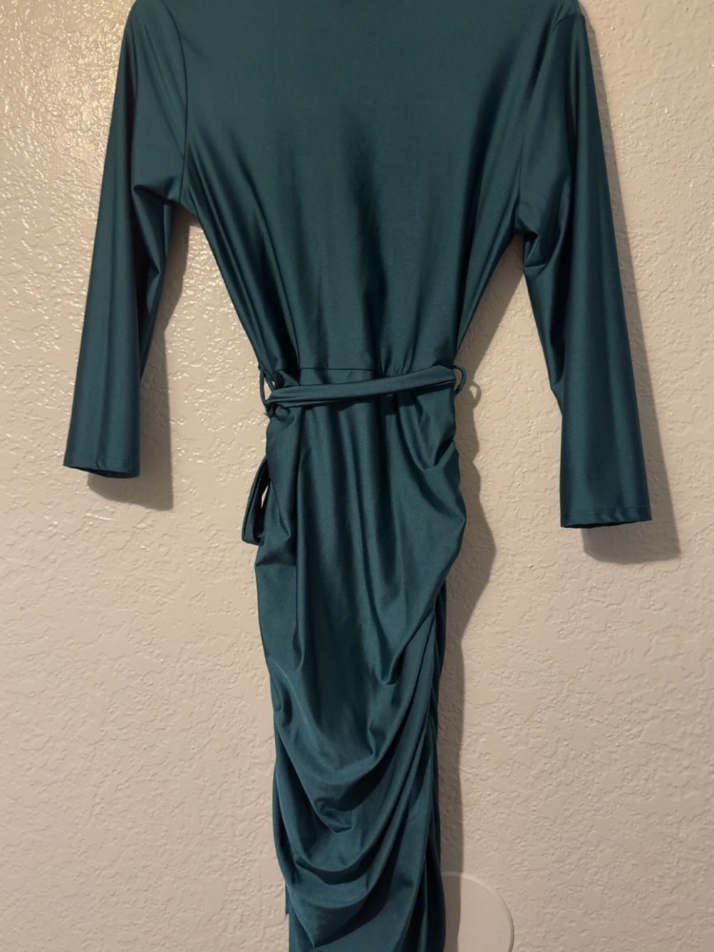 Teal Long-Sleeve Ruched Dress with Belt